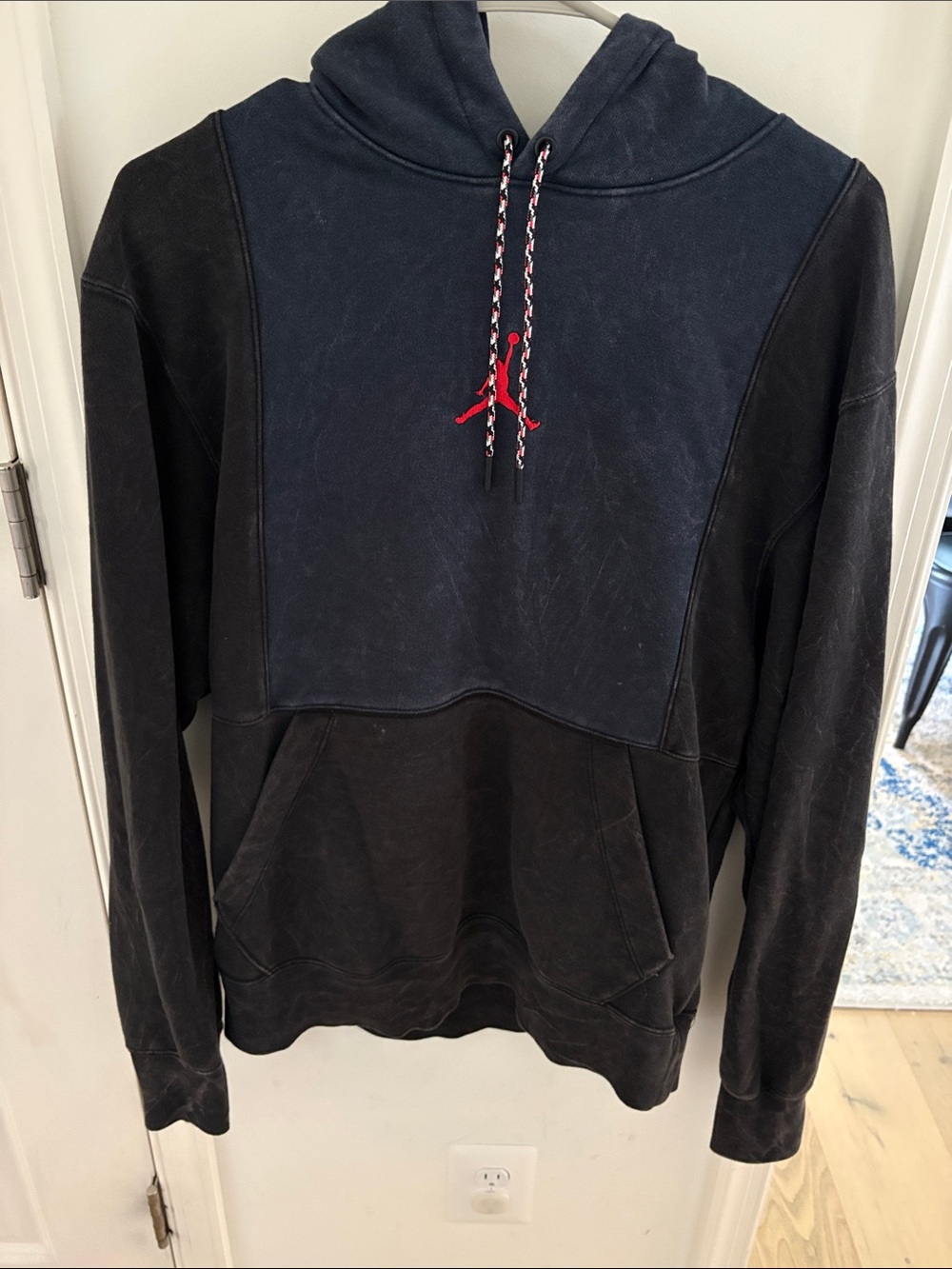 Jordan Black and Navy Colorblock Pullover Hoodie with Red Jumpman